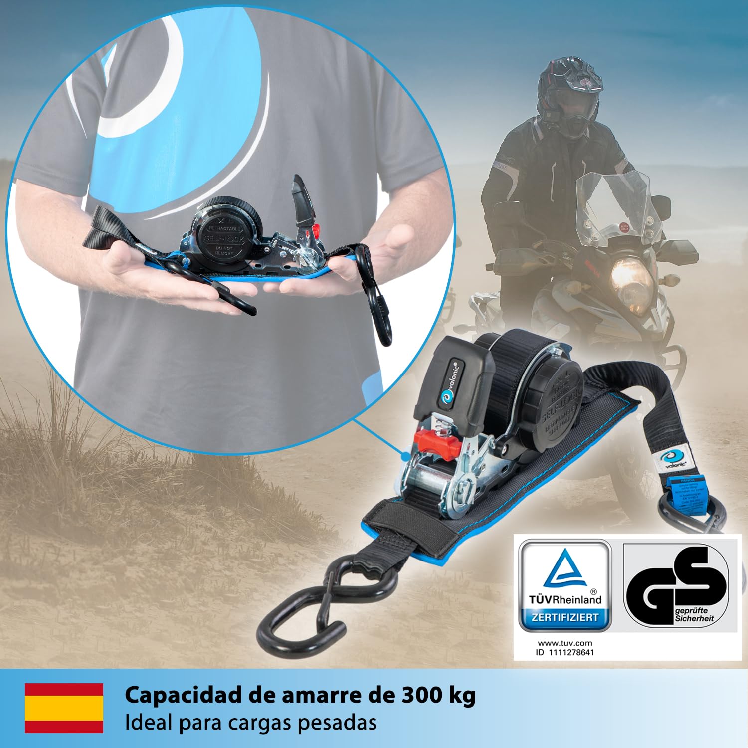valonic Panda - 2X 5m Cinchas de Amarre automáticas con mosquetón, 25mm, 300/600 KG, Acolchadas, Certificado TÜV Rheinl. & GS, EN-12195-2 - con trinquete, Negro