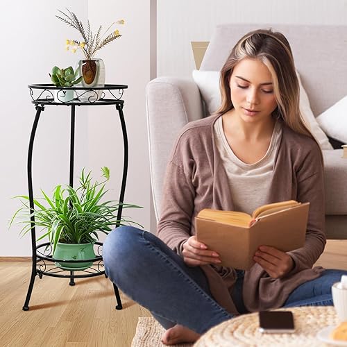 Miniatura 2 de Soporte para plantas para interiores y exteriores, 2 niveles y 27 pulgadas de alto, soporte de metal para maceta, soporte para macetas, estante