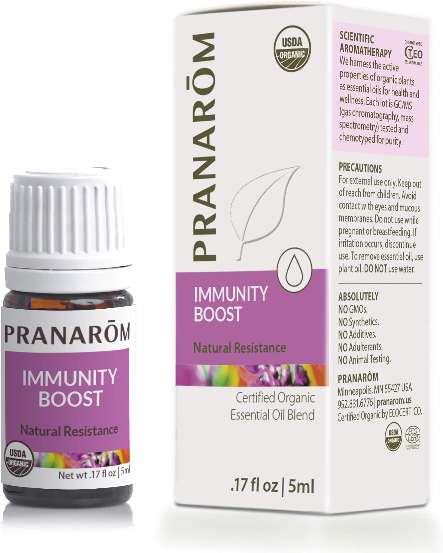PranaromImmunity Boost Essential Oil Blend (5ml) - Lavender, Eucalyptus, and Tea Tree - 100% Pure Essential Oil for Diffusing and Wellness | USDA and ECOCERT Certified Organic