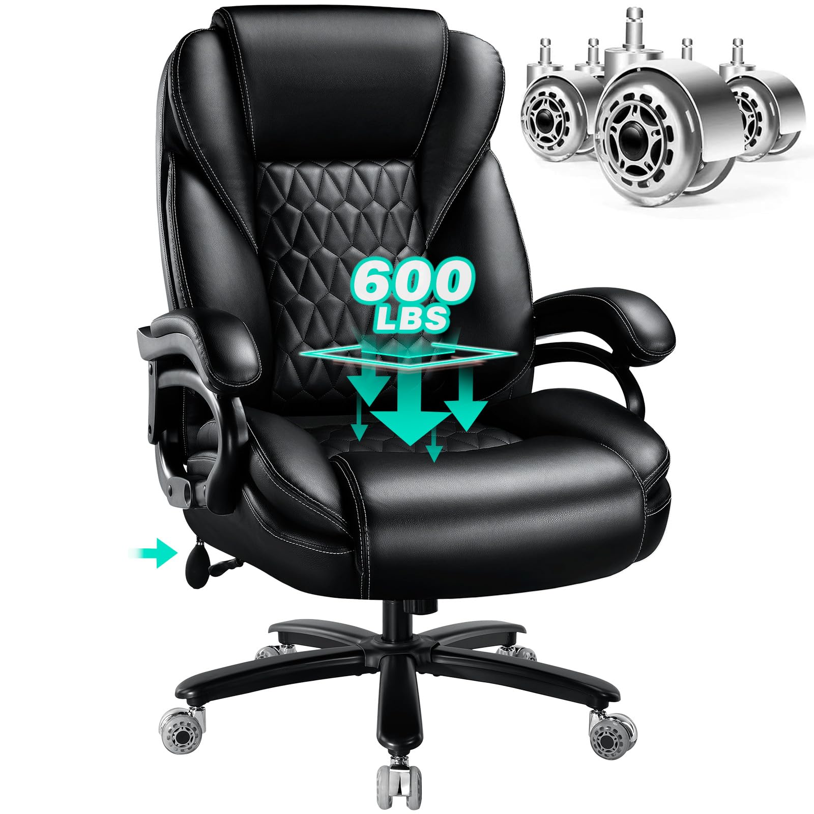 600lbs Big and Tall Office Chair with Pocket Spring Cushion, Ergonomic Heavy Duty Office Chair for Low Back Pain Relief, Large Executive Chair with Adjustable Lumbar Support, Dual Rubber Wheel