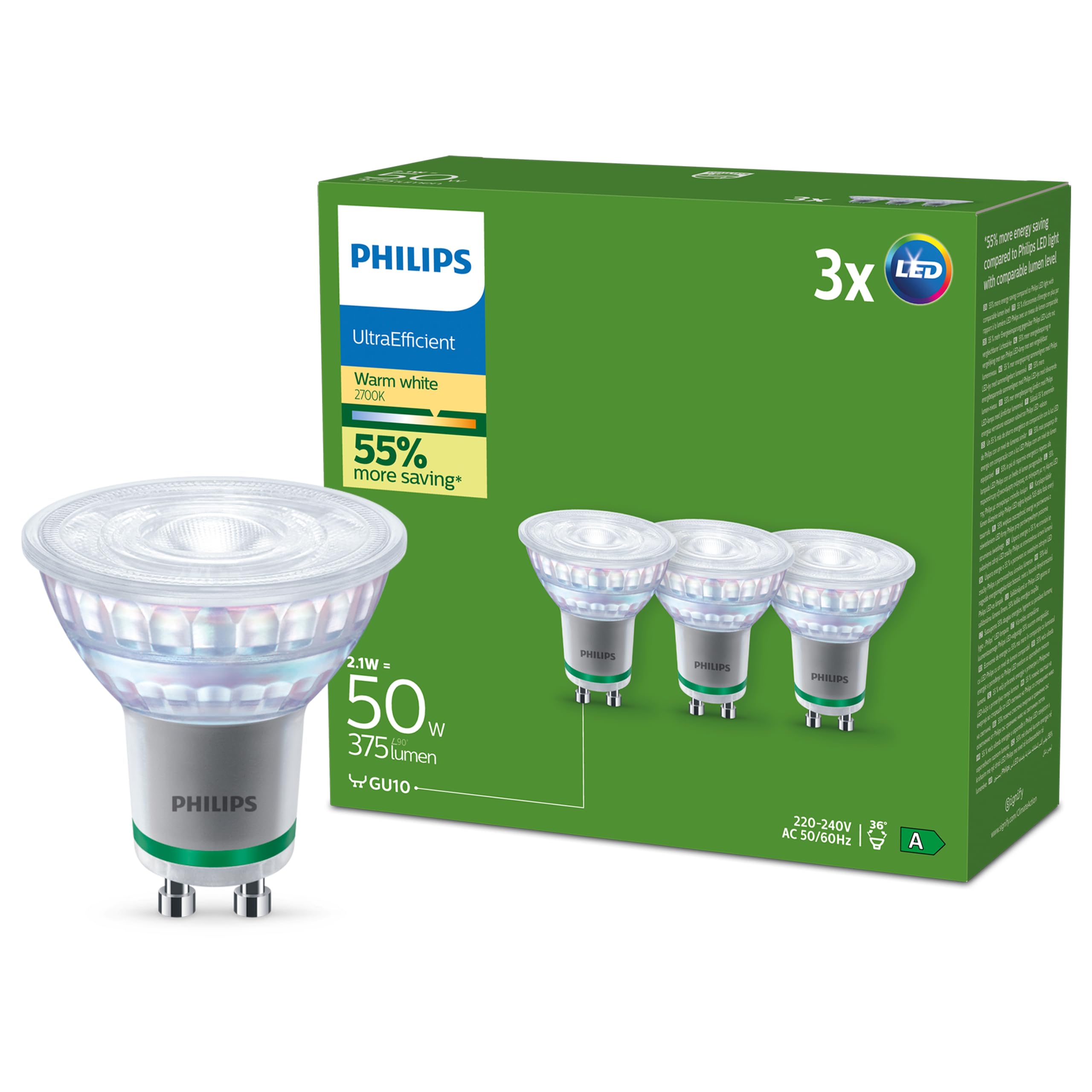 PHILIPS LED Faretto Classe A Ultra Efficiente, 3 Pezzi, 50W, GU10, Luce Bianca Calda
