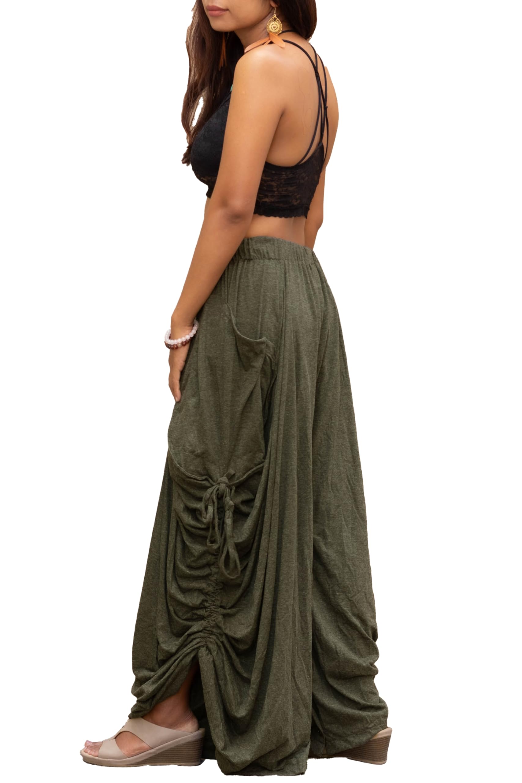 Thaluta Palazzo Pants Women Wide Leg Lounge Convertible Maxi Skirt with Pockets Casual Comfy Yoga Trousers Olive
