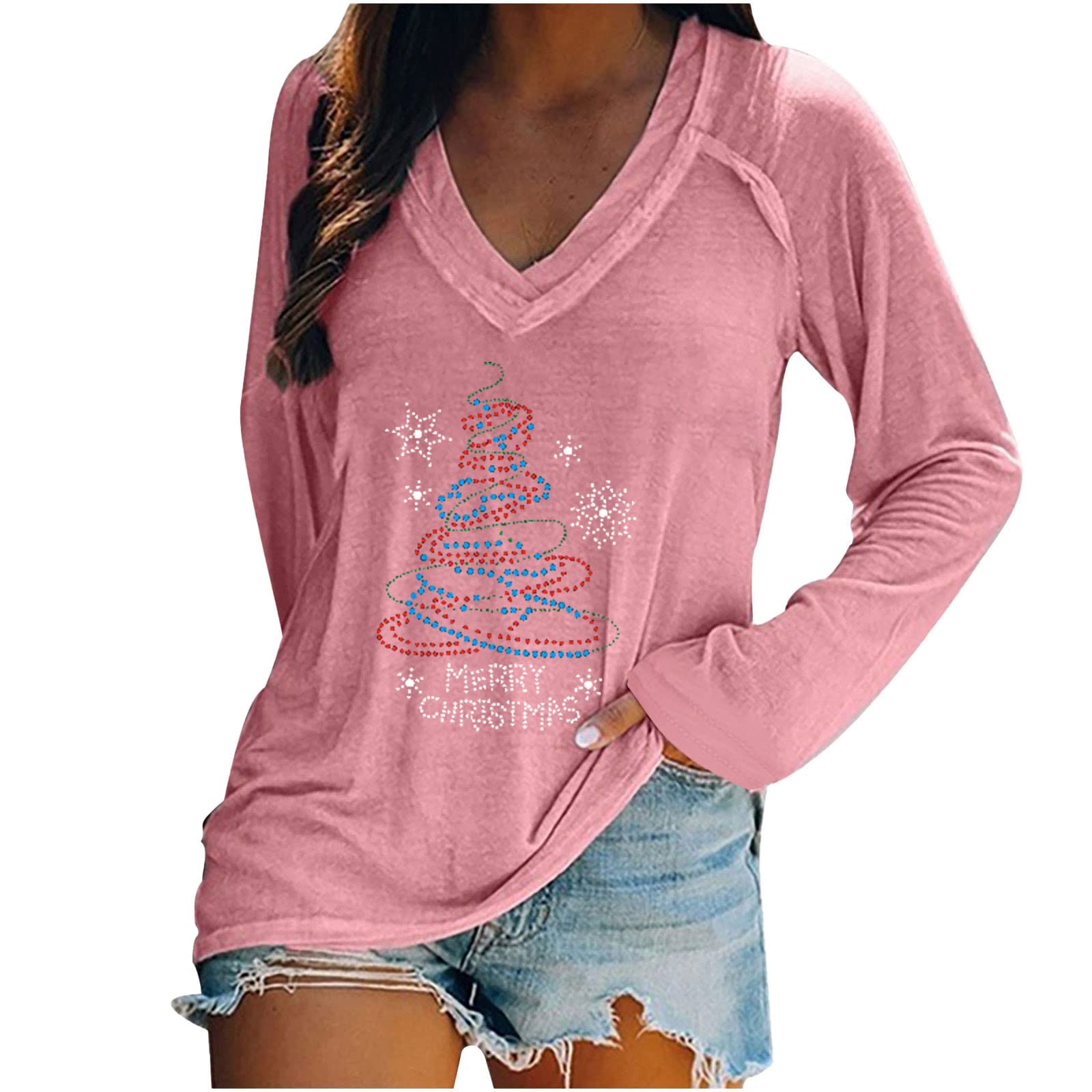Christmas Tops Plus Size Women Rhinestone Jersey Loose V Neck T Shirt Cute Long Sleeve Tops Plus Size Fall Tops