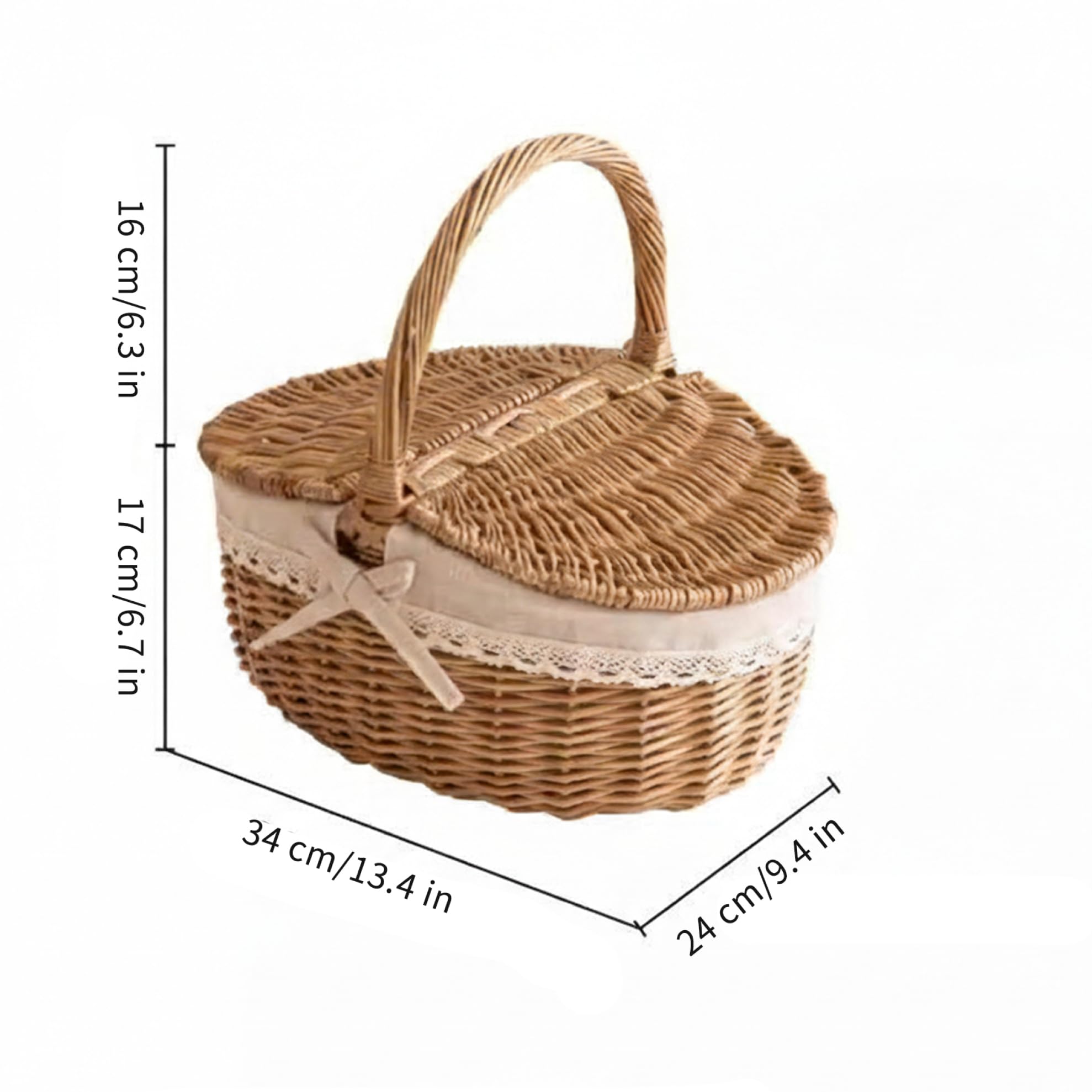 Cesta de Picnic de Mimbre Mediana con Tapa y Asas, solución de Almacenamiento Tejida para Compras, jardinería, decoración del hogar, cestas de Picnic