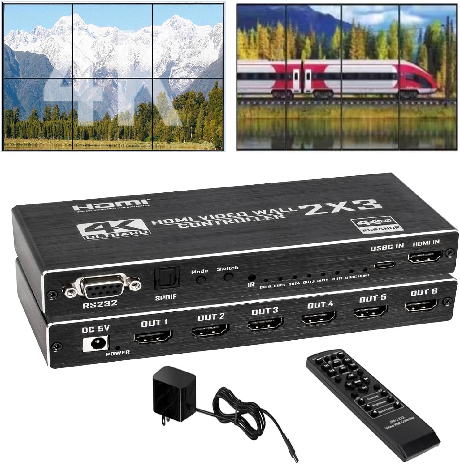 4K 2x3 HDMI/USB-C Video Wall Controller 6-Channel TV Wall Processor Support 1HDMI/Type-C USB Input 4HDMI+1SPDIF Audio Output 90°/180° Rotate IR RS232 14 Splicing Modes 2×2 6×1 4×1 3×1 1×4 1×3 1×2 etc