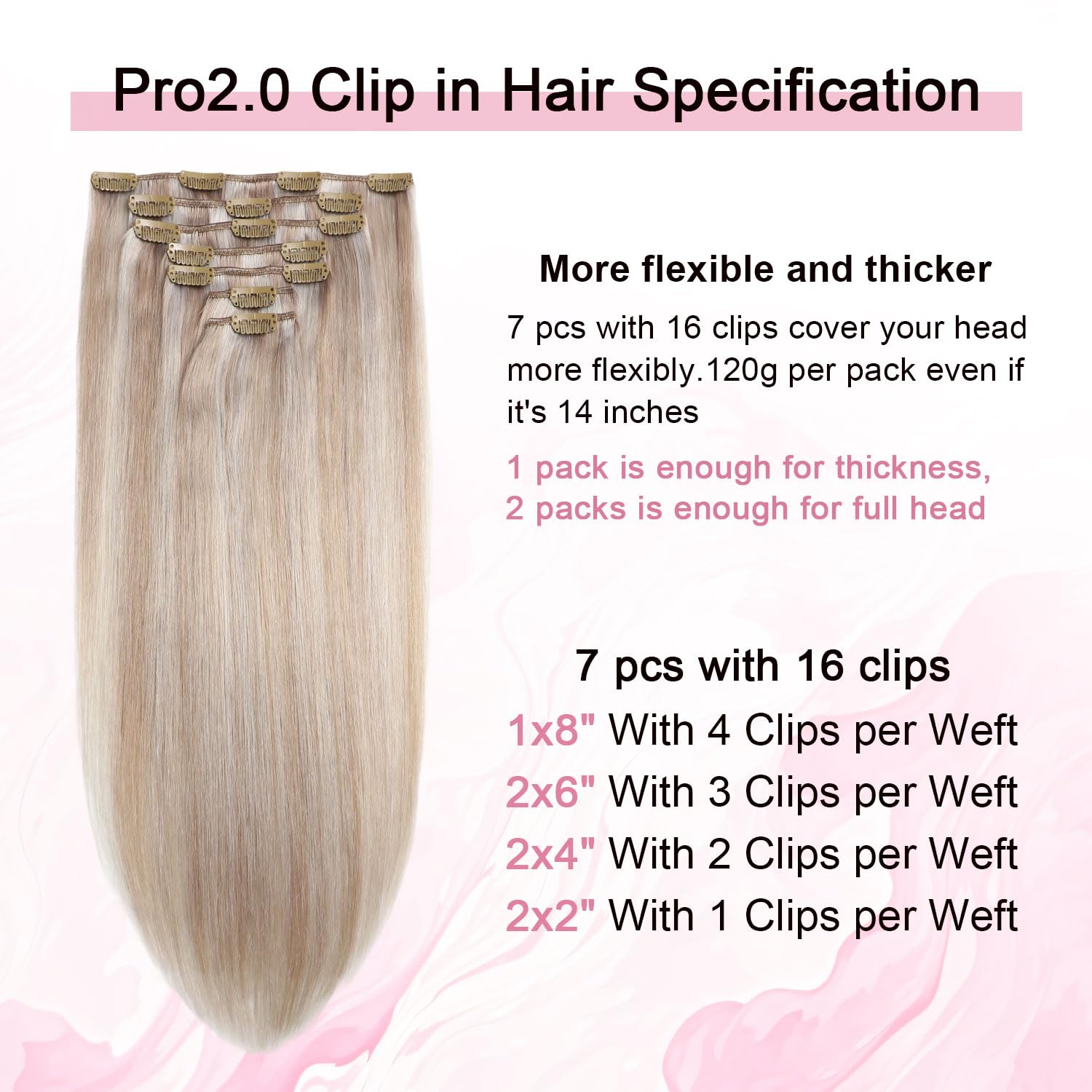 Pro2.0 Clip in Extensions Echthaar Menschenhaar 120g Dick 7 Stück | Farbe #18p1000 Aschblond Highlight Gebleichtes Blond Haarverlängerung Echthaar Clip 40cm für Frauen (#18p1000-40cm)