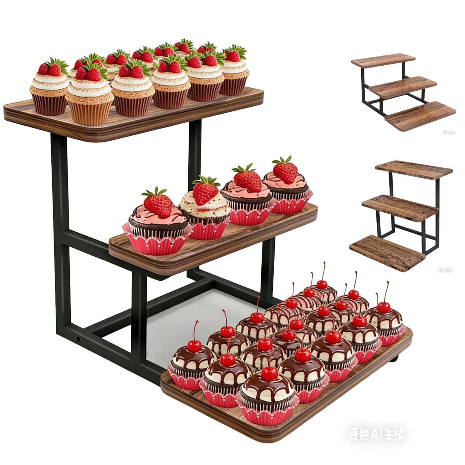 CASDUCT 3 Tier Cake Stand / Cupcake Stand Made of Wood | Cake Plate Cake Stand Holder Serving Stand with Metal Handle | for Birthday Afternoon Tea Party Wedding 40 cm x 18 cm Space