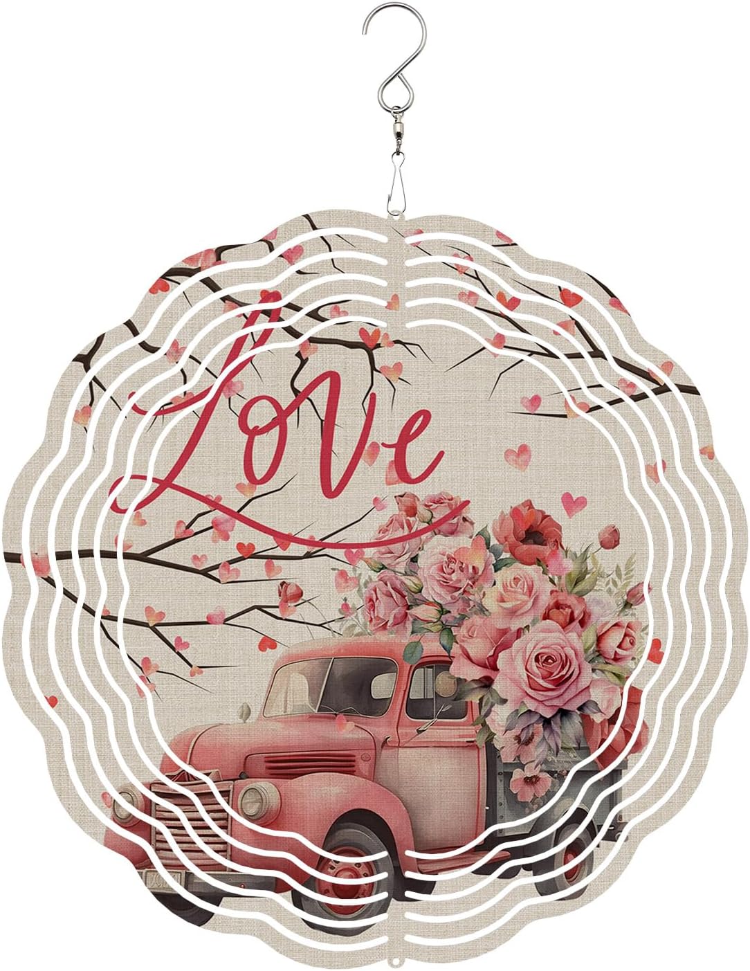Valentine's Day Truck Roses Wind Spinners for Yard and Garden, Metal Wind Spinner Hanging for Outdoor Indoor, Love Heart Tree Porch Garden Wind Sculptures Spring Summer Ornament Spinner 10inch(Round)