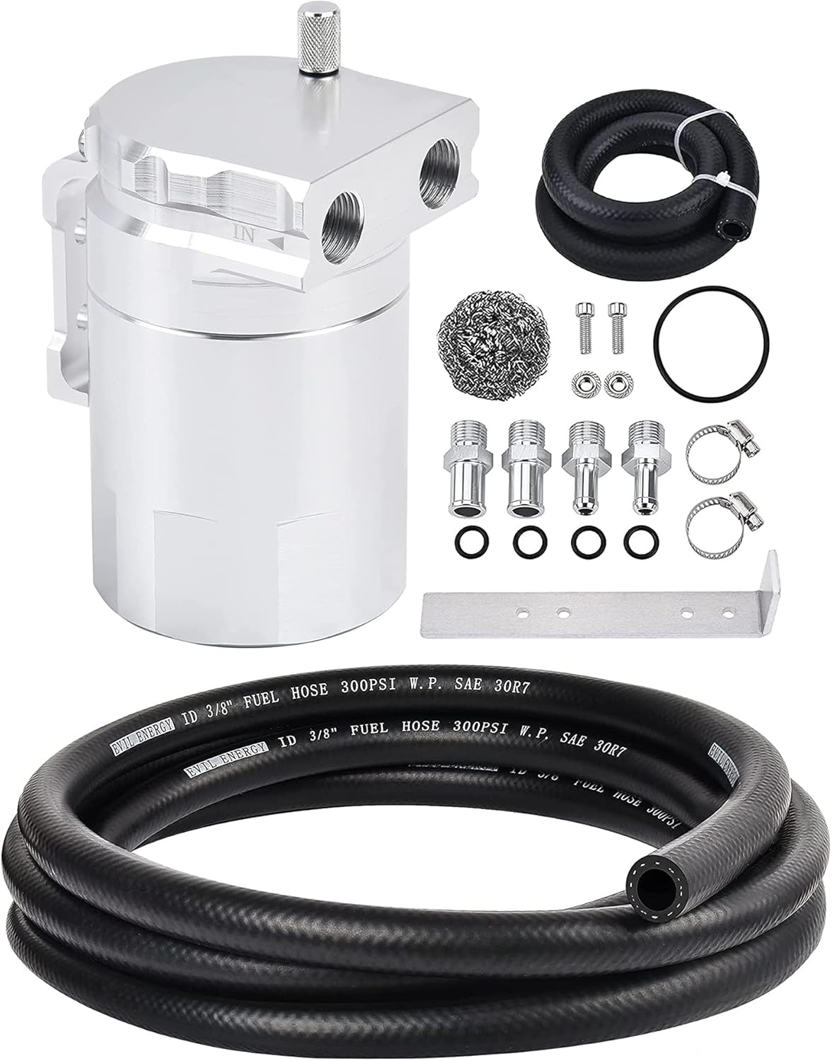 EVIL ENERGY Baffled Oil Catch Can Black Bundle 300ML Silver with 3/8 Fuel Hose Line NBR Rubber 10FT 300PSI SAE 30R7