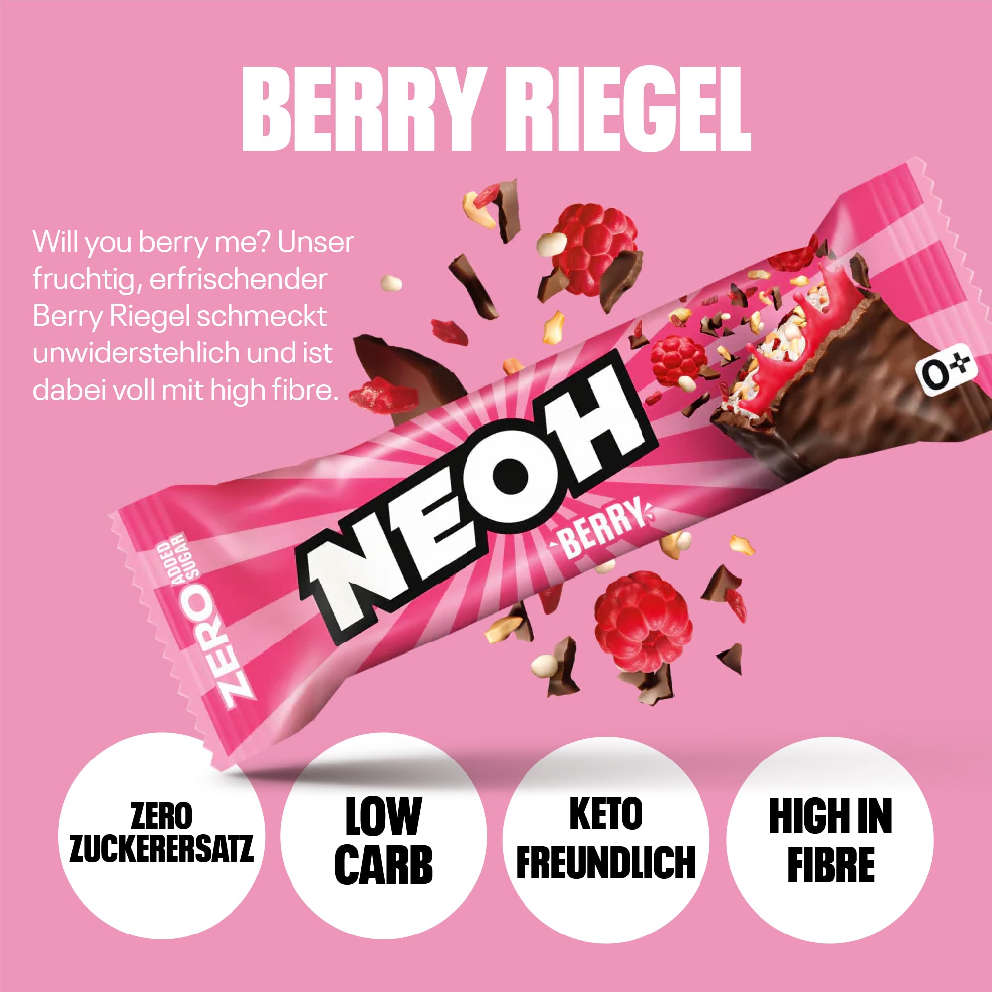 NEOH Low Carb Keto Batonik Malina Czekolada - 1 g Cukier / 114 kcal / 6 g Białko - Bez dodatku cukru - 30 g (Opakowanie 12 sztuk) - Raspberry