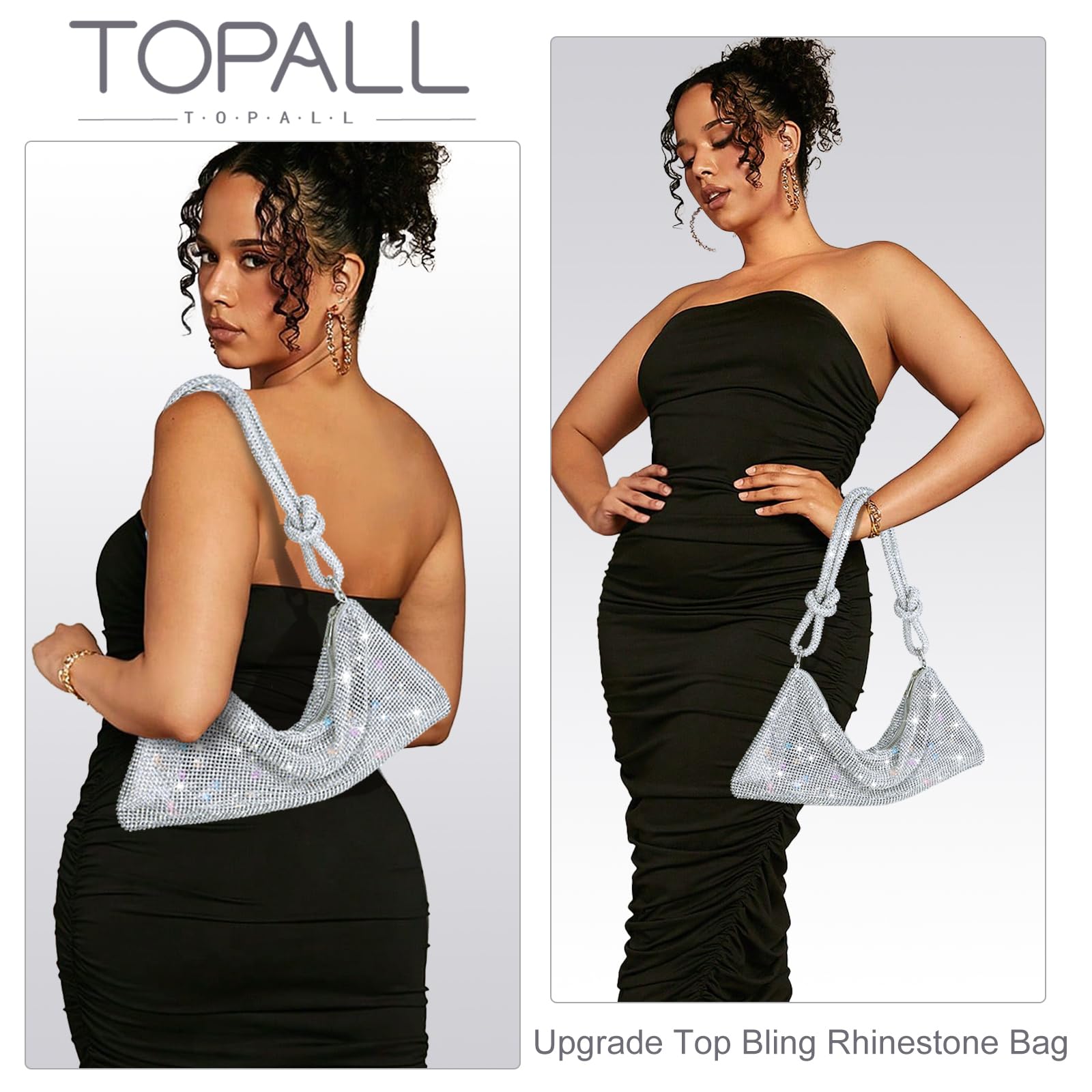TOPALL Clutch błyszcząca damska srebrna torebka wieczorowa, torebka z diamentami na ramię, srebrna, elegancka z zamkiem błyskawicznym, kamienie strasu, kopertówka, torebka na ramię na imprezę, czas