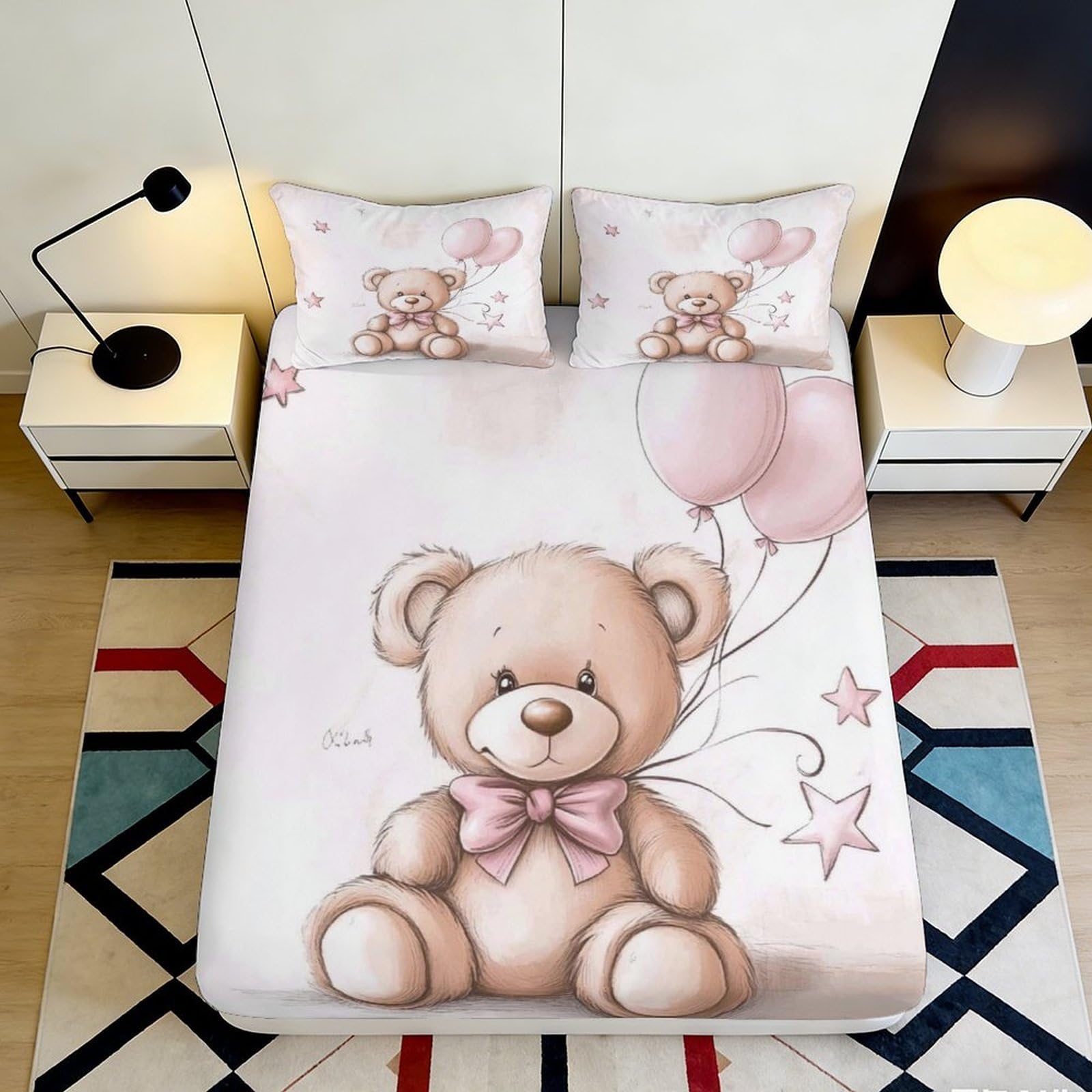 3D Printed Cute Teddy Bear Fitted Sheet Microfiber Soft Breathable Pink Balloon Bed Cover for Bedroom Guest Room Decor 90x200x25cm