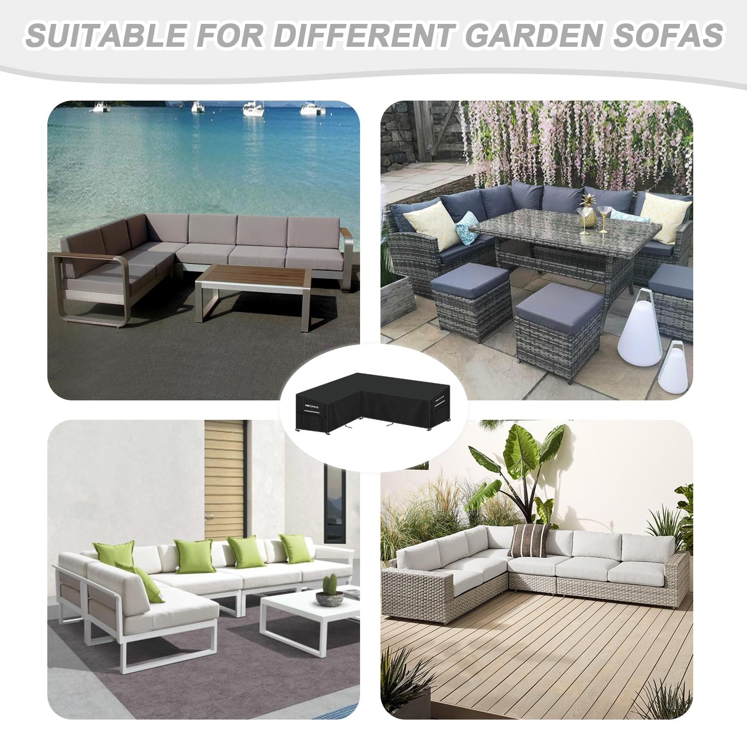HEIMUNI Beschermhoes voor Hoekbank L-vorm, Tuinmeubelhoes Waterdichte Loungeset Hoes L vorm,Tuinbankhoes Buiten Afdekhoes voor Tuinmeubelen,Rotan Bankhoes met Ventilatieopeningen, 260x210x90x80/65cm