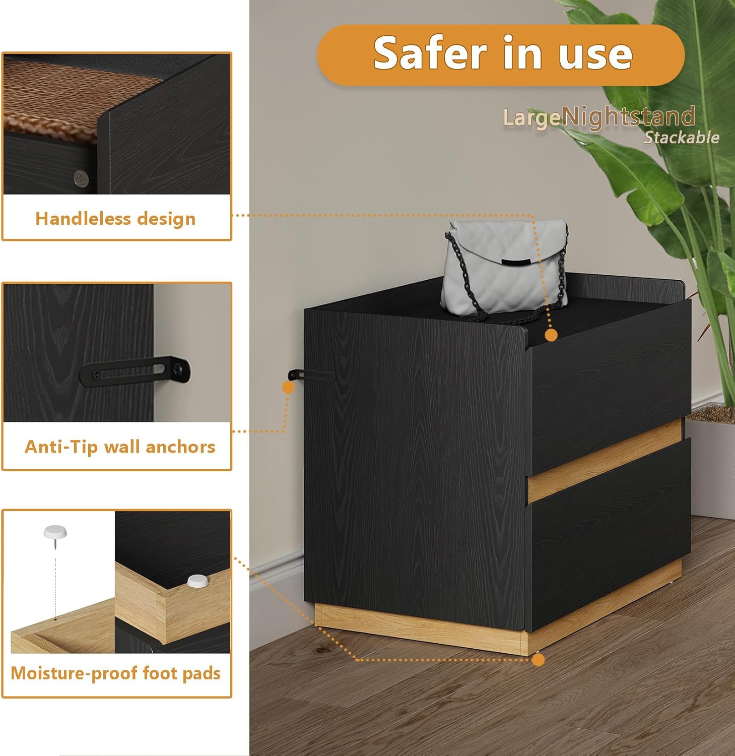 Large Modern Nightstand Black Bedside Table, 2 Drawer Dresser Wood Stackable Storage Drawers for Clothes for Closet, Bedroom, 24"x16"x20"