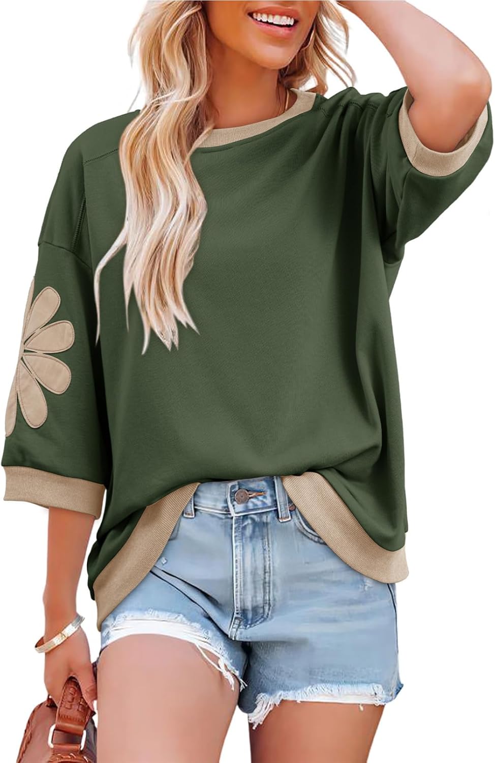 Dokotoo Women's Oversized 3/4 Sleeve Sweatshirt Floral Patch Crewneck Pullover Casual Tops - Image 4