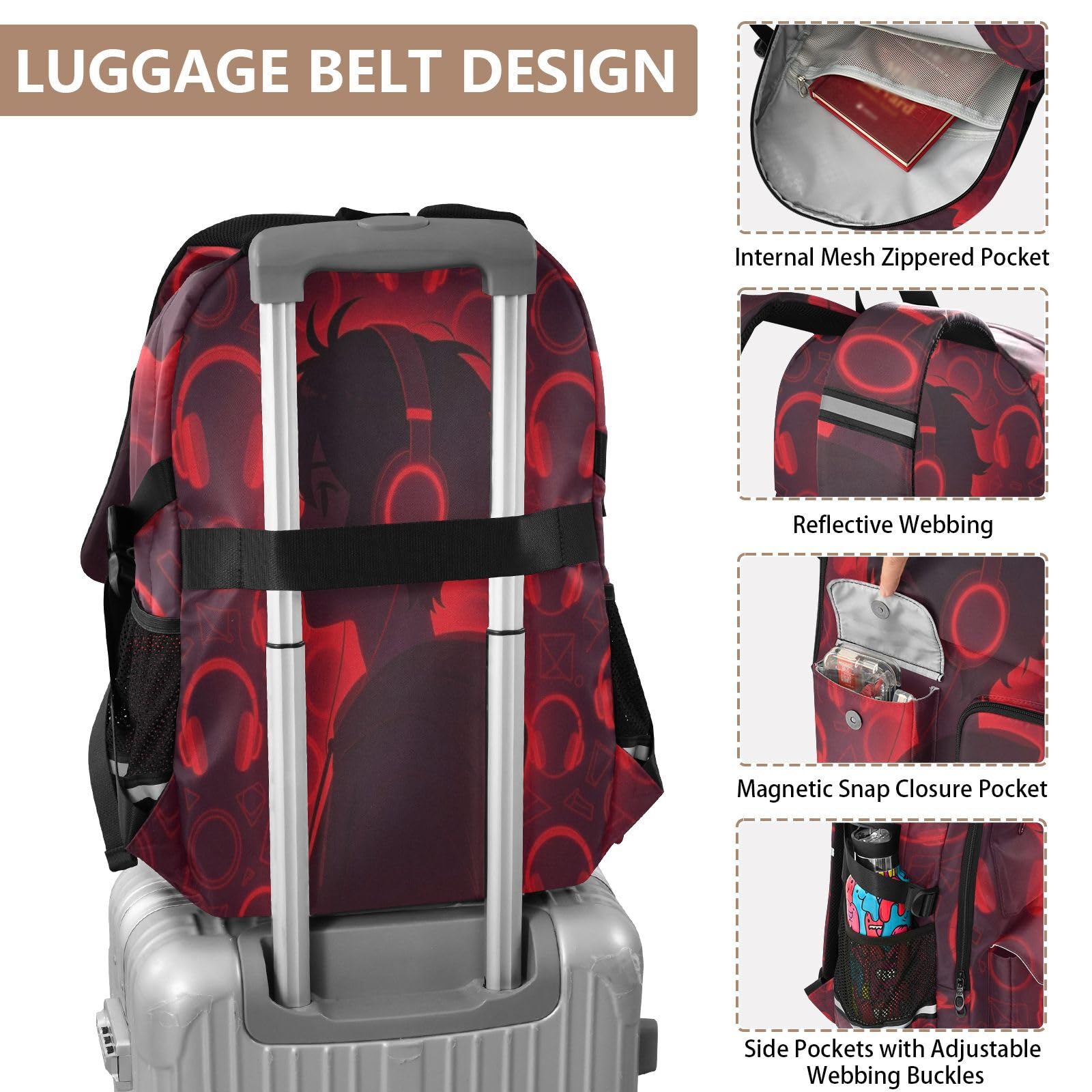 Zaini da viaggio per computer portatile, con motivo anime, con cuffie, colore rosso, 44,5 cm