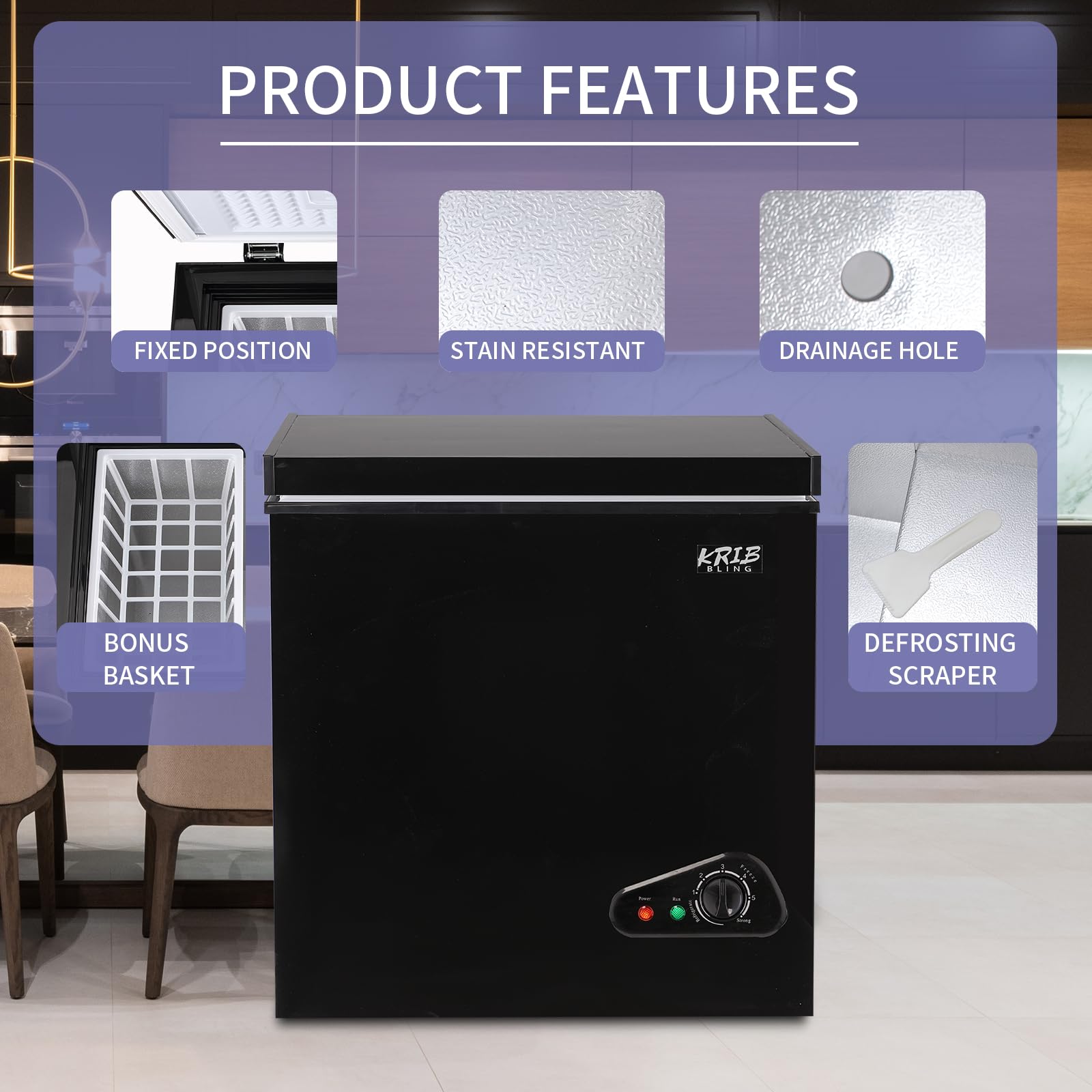 Krib Bling Chest Freezer With Freezer Basket, 5.0 Cu. Ft Mini Freezer 7 Temperature Levels Thermostat, Top Door Open, Ideal For Home, Kitchen & Office, Black on Fridge.com - View 5