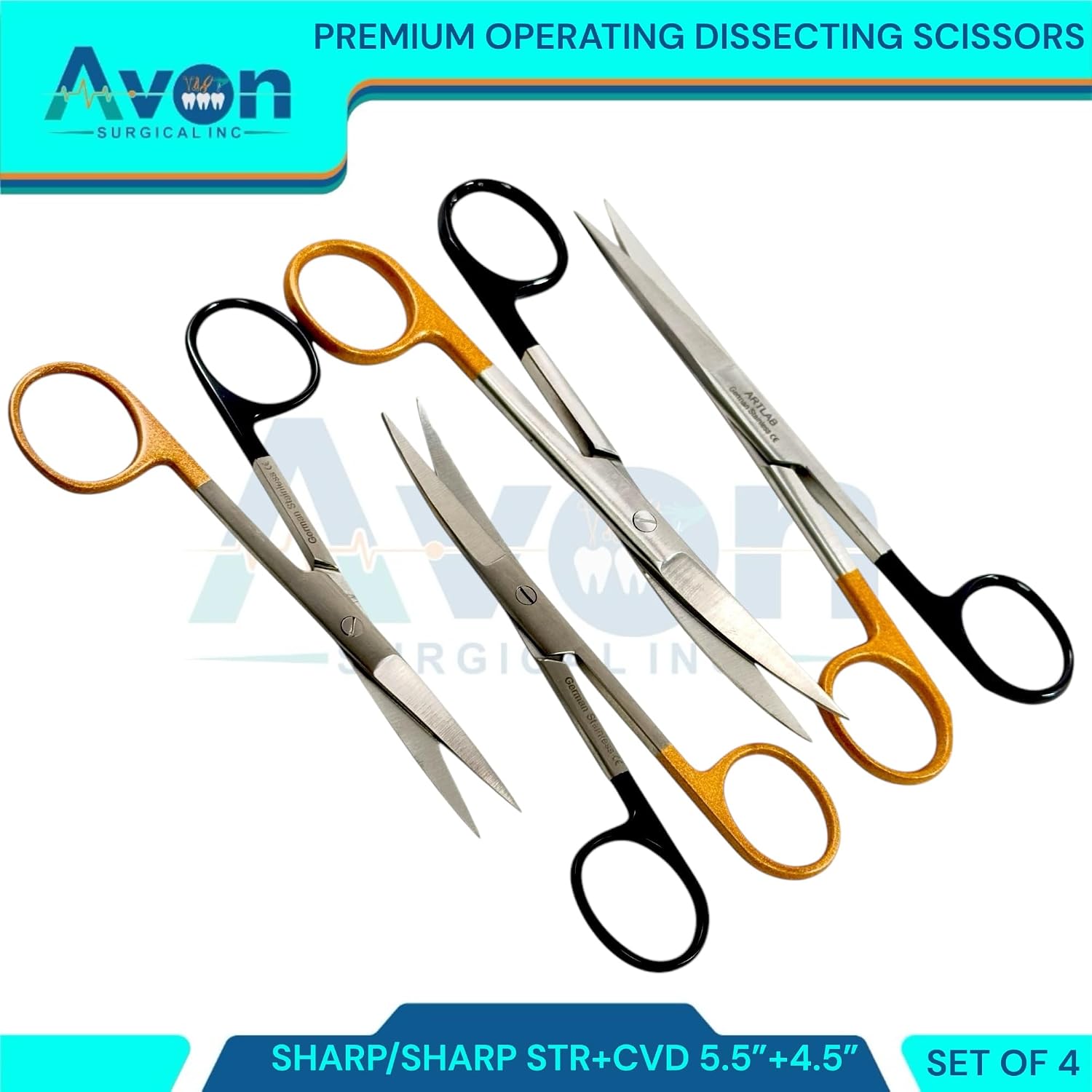 4pcs Bundle - Dissecting Operating Scissors 4.5in & 5.5in, Sharp Tips, Curved & Straight - Black & Gold Handles - German Stainless Steel Autoclave-Safe O.R Scissors