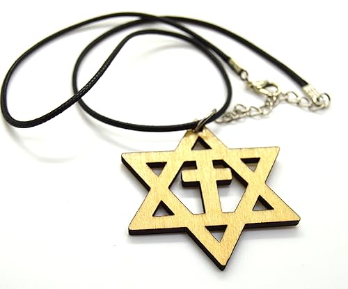 Miniatura 2 de Star of David with the cross wooden Messianic Jewish pendant pendant Basswood or Walnut 18" necklace handemade lasercut (Beige)