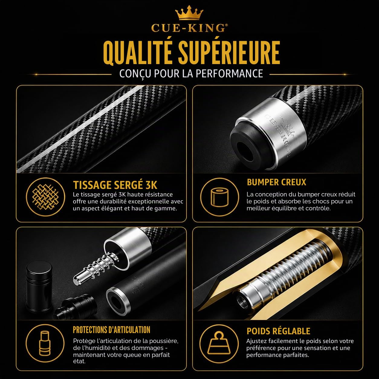Cue-King Pro Series Queue de billard professionnelle en carbone de qualité militaire 147,3 cm 510,3 g avec pointe de 12,5 mm, finition en carbone exposé brillant, 2 pièces