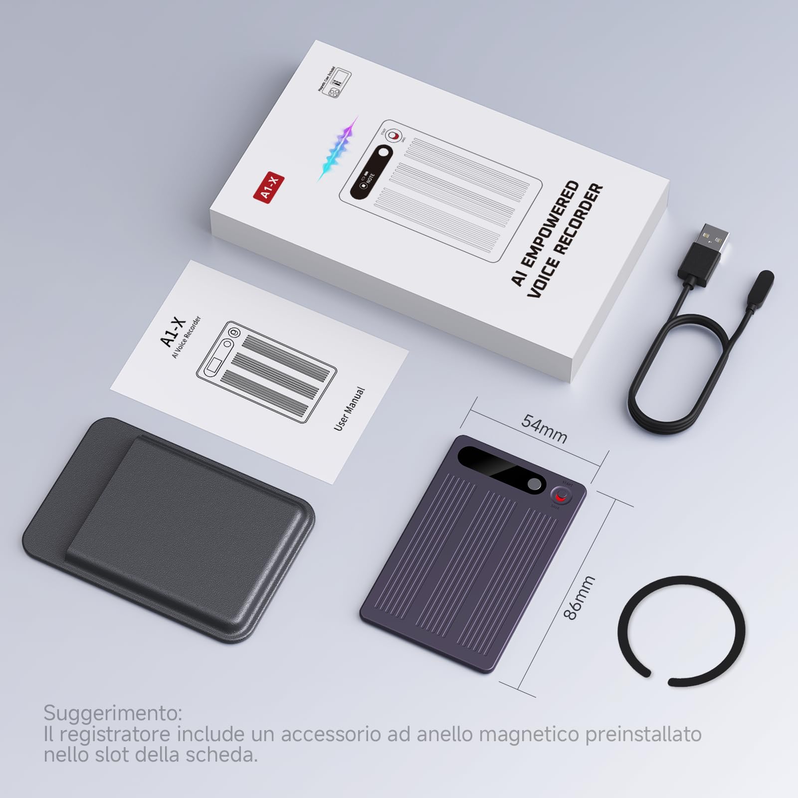 Registratore Vocale AI con Memoria 64GB - Trascrizione e Riassunto Automatico, Oltre 80+ Lingue, Registratore Digitale Professionale per Riunioni/Lezioni/Interviste, Controllo App, con Custodia