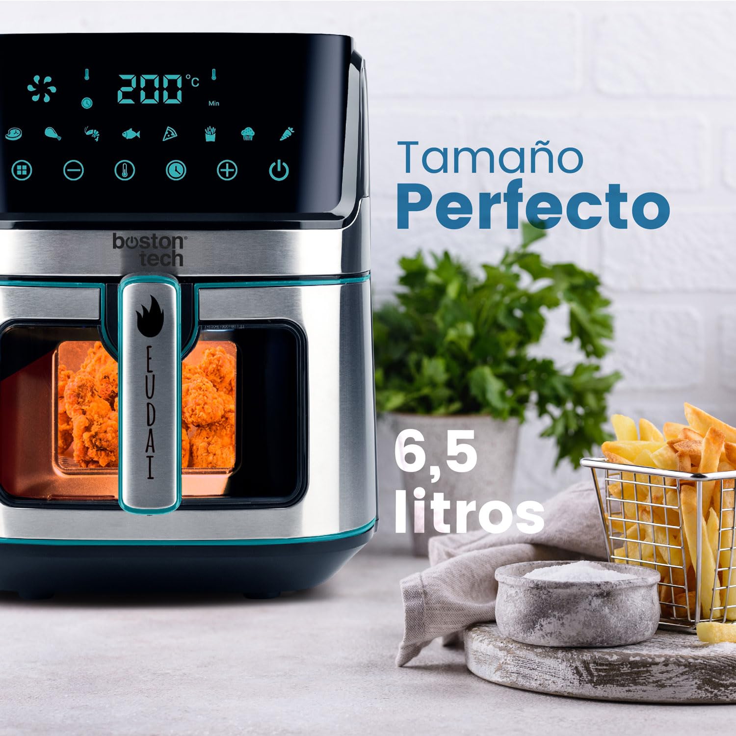 EUDAI Freidora de Aire 6.5L, Freidora sin Aceite con Ventana, 8 programas, Pantalla LED, Control Táctil, Temperatura Regulable, Cesta Antiadherente, Temporizador, 1700W, Incluye Recetario, Acero Inox.