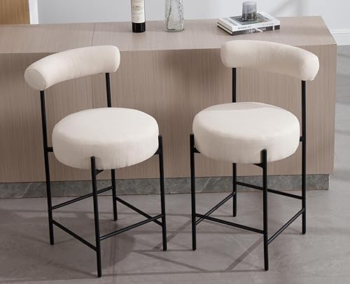 Miniatura 3 de EALSON Moderno juego de 2 taburetes de bar tapizados de lino con respaldo abierto curvoasiento redondo, cómodas sillas de bar para isla de cocina,