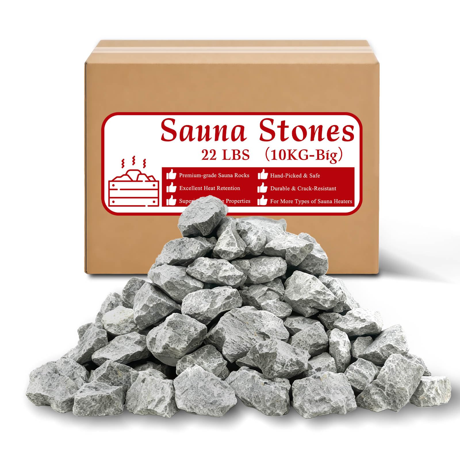 Saunasteine für Holzofen Saunaofen - rissfest & hohe Wärmespeicherung Saunasteine - schnelles Aufheizen & allmählich ausgewogener Dampf, Steingröße 3-4,7 Zoll (8-12 cm), 22 Pfund (10 kg)