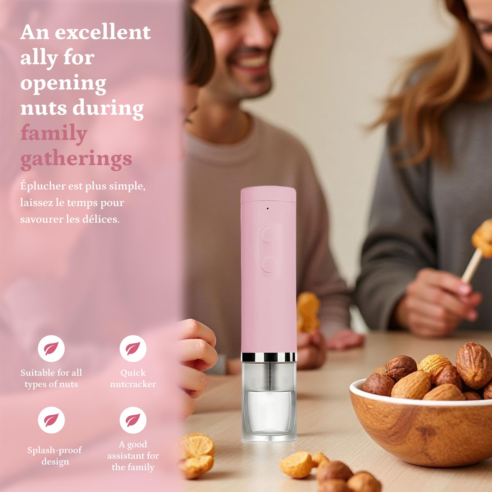 Casse-noix électrique facile à utiliser - Outil de cuisine portable - Rose