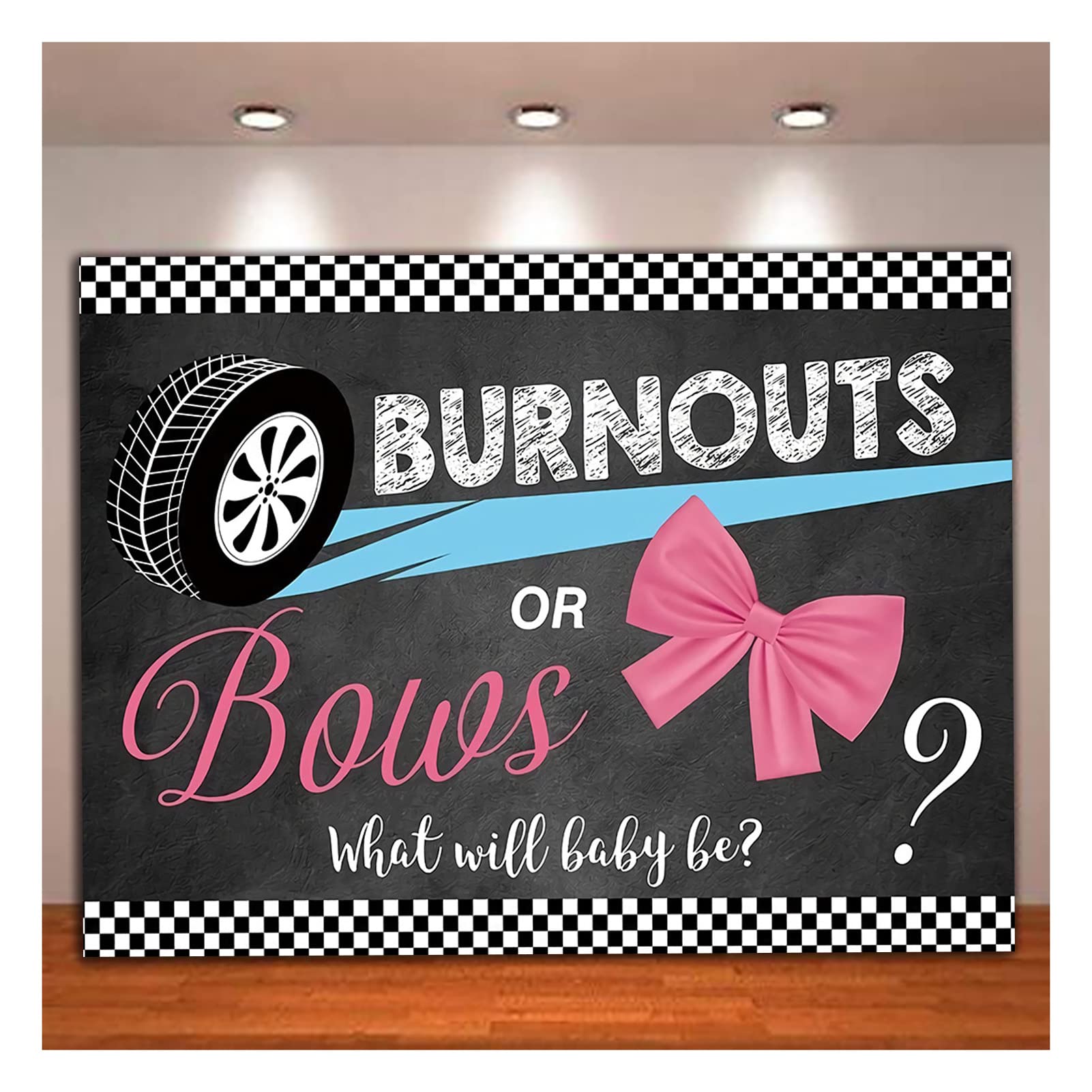 XLL Burnouts or Bows Gender Reveal Photography Backdrop Pink or Blue He or She Baby Shower Party Banner Decoration Photo Background Photobooth Cake