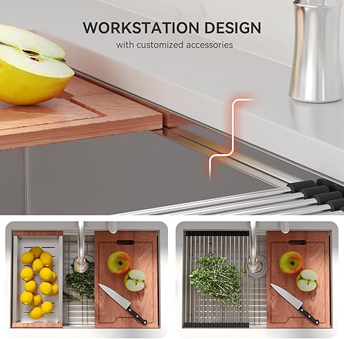 Miniatura 126 de Lordear Fregadero de cocina de montaje inferior de 23 pulgadas, estación de trabajo, fregadero de cocina de acero inoxidable calibre 16, cuenco