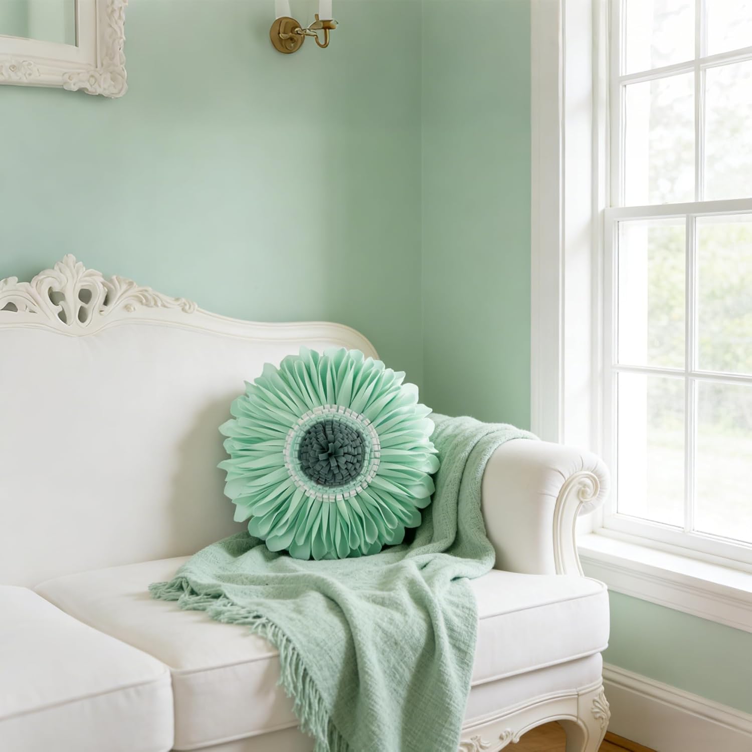 JWH 3D Flower Throw Pillow Cover, with Insert, Velvet Pillowcase, Decorative Round Cushion for Bed Couch Sofa 14x14 Inch Mint Green