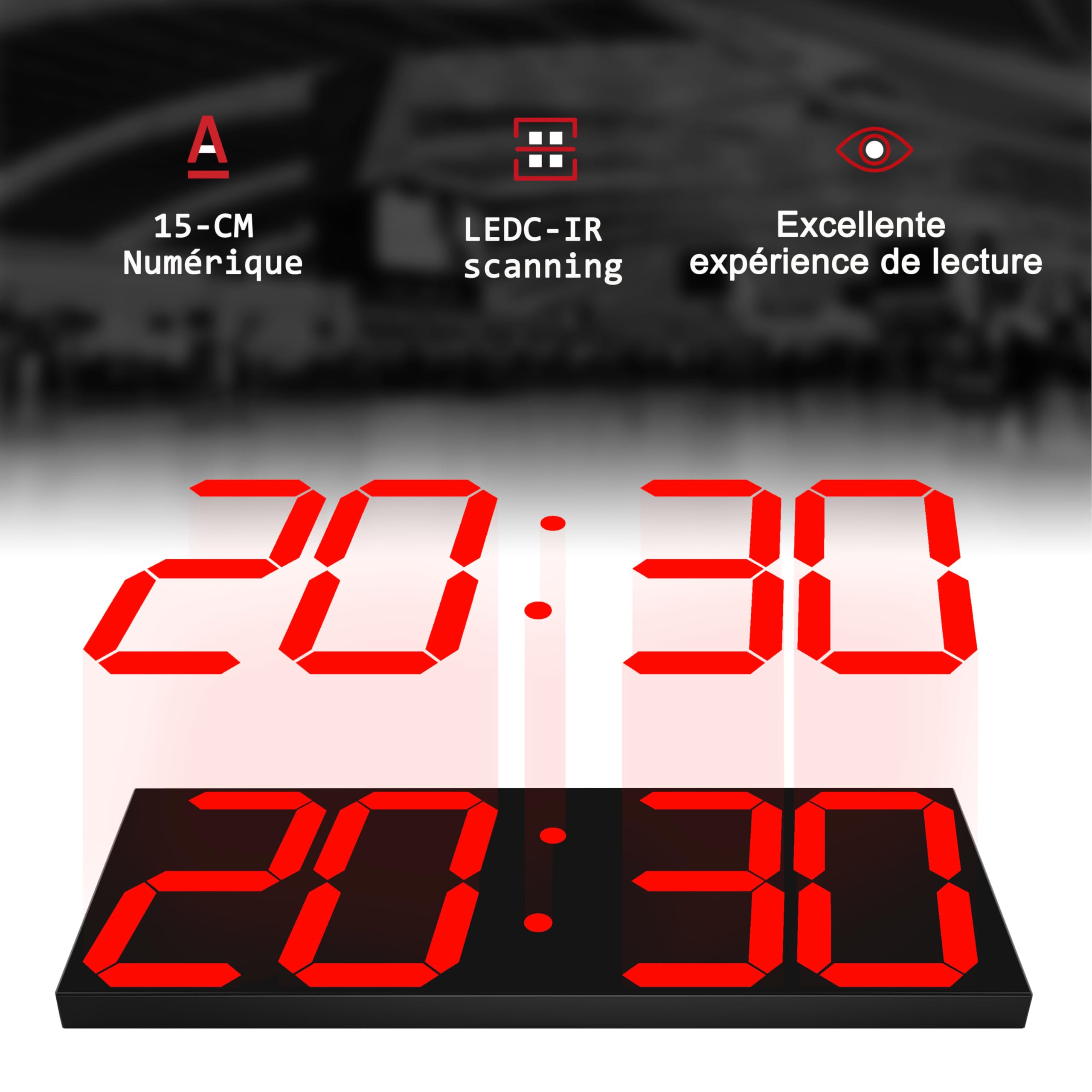 CHKOSDA Grande horloge murale LED numérique 18 pouces compte à rebours 8 niveaux luminosité réglables affichage 12/24 heures indicateur température calendrier rouge