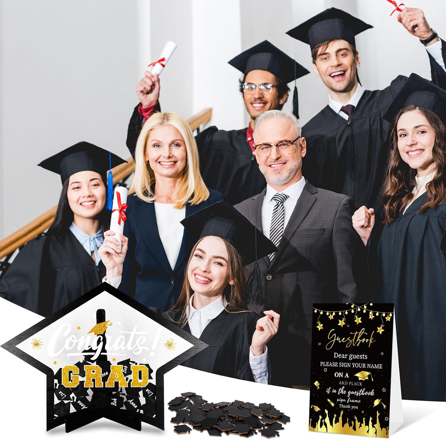 Whaline 63 Pcs Graduation Guest Book Alternative Black Gold Wooden Drop Frame Guestbook Congrats Grad Hat Signature Guestbook Gifts for College School Keepsake Photo Graduation Party Decoration