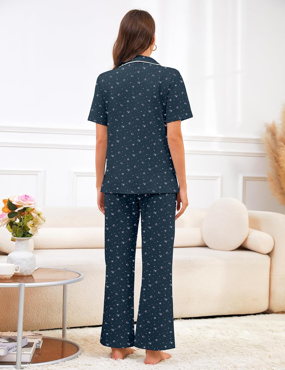 Bloggerlove 100% Cotton Pajamas for Women Set 2 Piece Short Sleeve Women's Sleepwear Button Down Lounge Sets with Pockets - Image 5