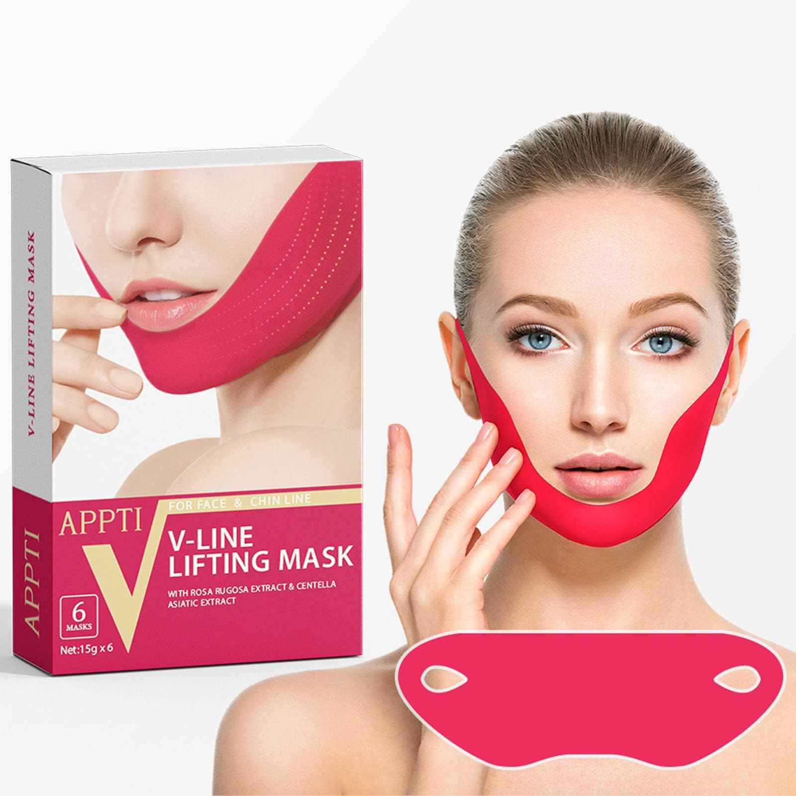 V Shape Face Mask, Double V Line Lifting Mask for Women Men, Moisturizing Firming Facial Mask Red 6 Pieces