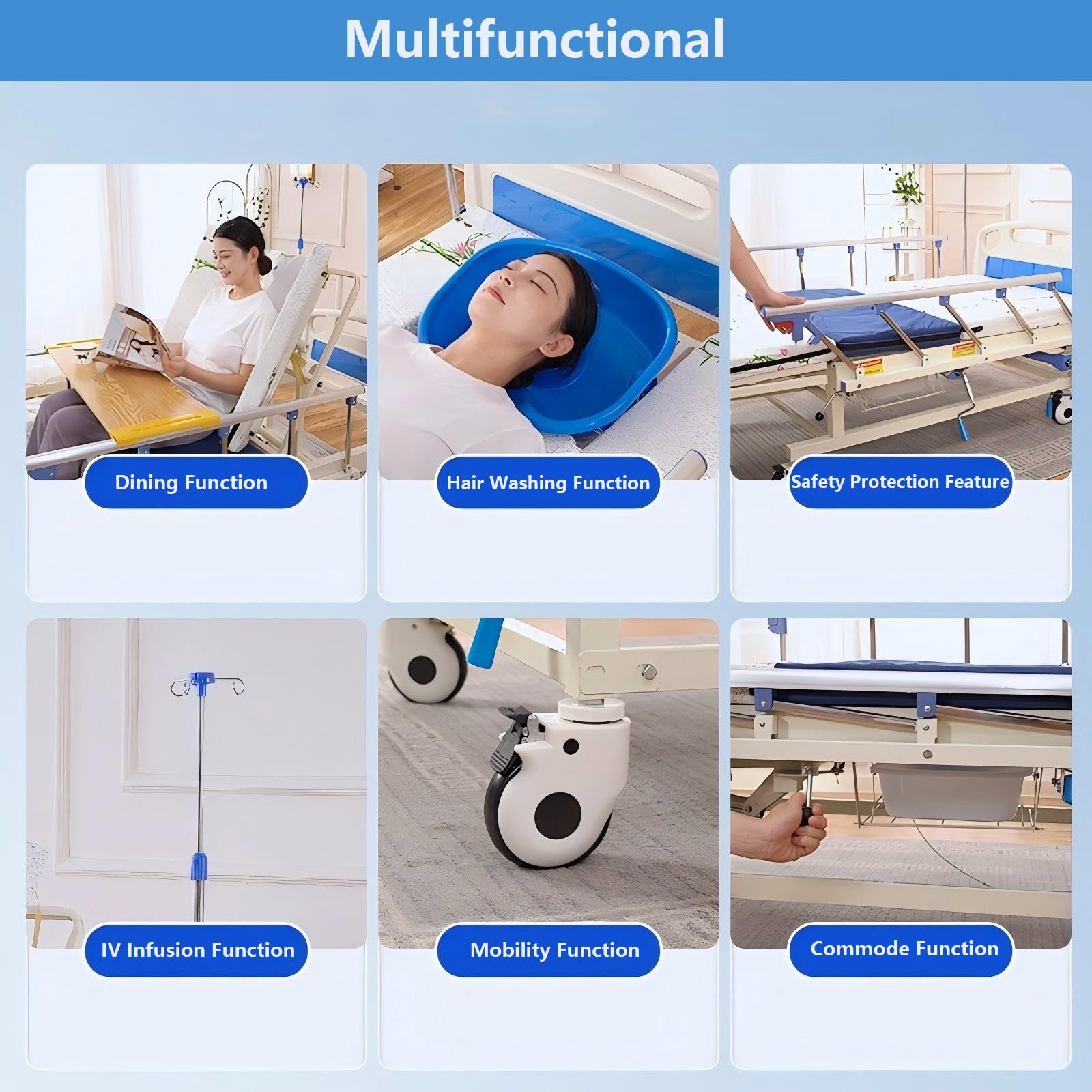 10-Funktionen-Voll‑elektrisches Pflegebett mit Seitenneigung, Krankenhausbett mit Matratze, Verstellbaren Seitengittern, Esstablett, Infusionsständer, Bettpfanne, Feststellrollen, Tragkraft bis 250 kg
