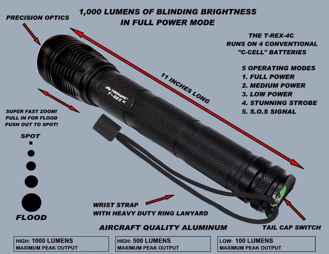 Voidhawk T-REX-4C CREE XM-L2 U2 1,000 Lumen 4 C-Cell Powered LED Flashlight