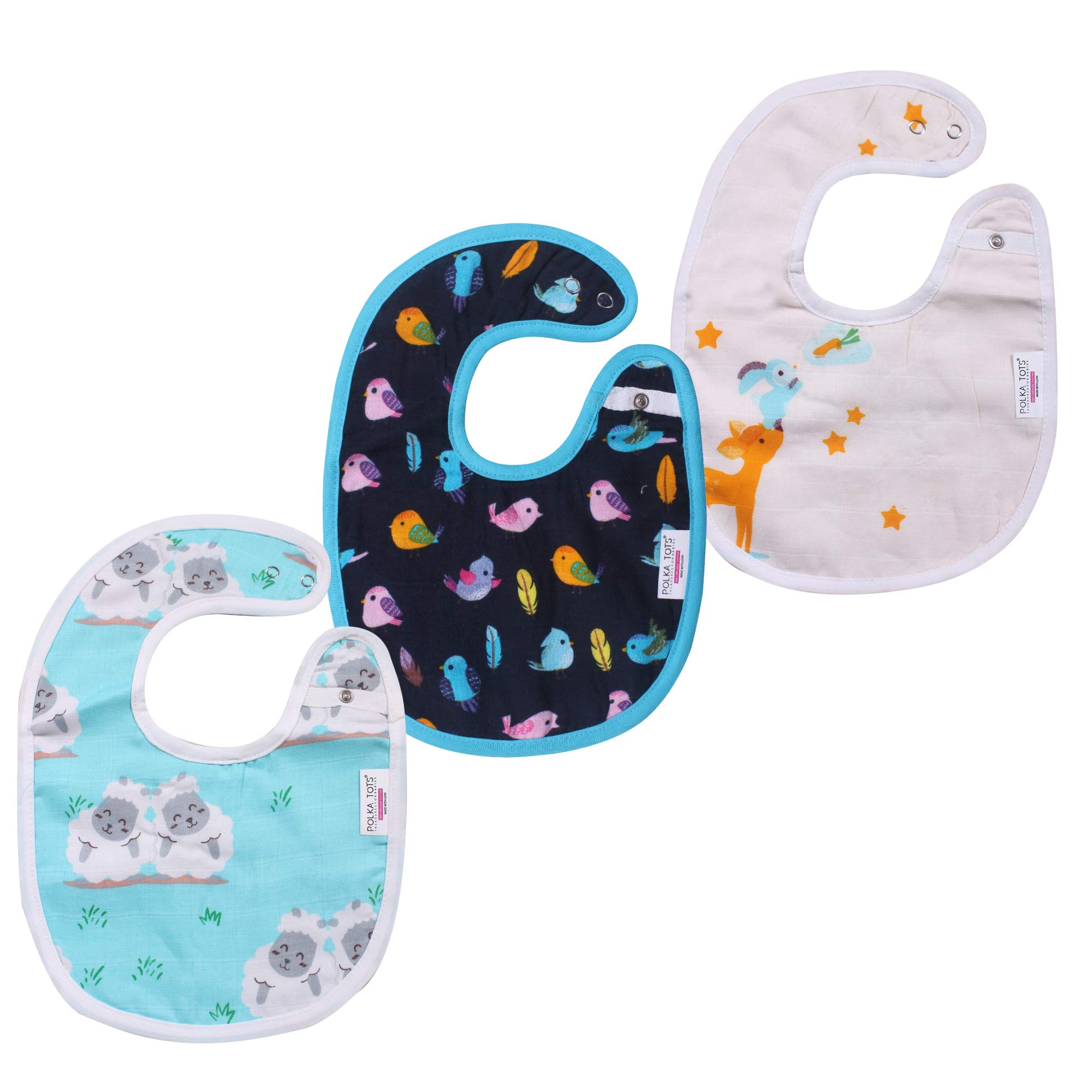 Polka Tots 100% Organic Muslin Cotton Bibs with three Layers (Pack of 3) (MultiColour)