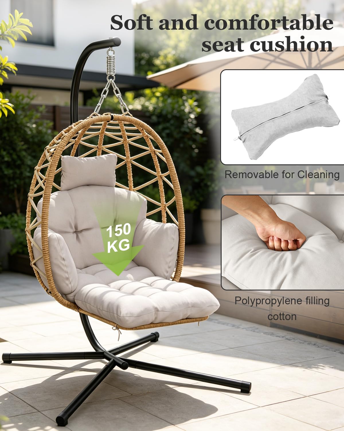 Hängesessel mit Gestell Outdoor, Hängekorb Sessel mit Fußablage und Dicke Kissen, Rattan Hängesessel mit Metallgestell, Hängestuhl für Indoor, Garten, Balkon, Terrasse, Bis 150kg