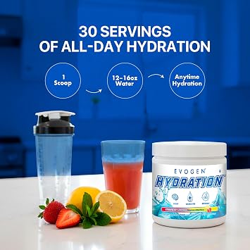 Evogen Hydration - Electrolytes Powder | Sugar-Free Electrolyte Powder Supplement for Hydration, Energy, and Recovery | Coconut Water, B Vitamins, Potassium | Strawberry Lemonade | 30 Servings