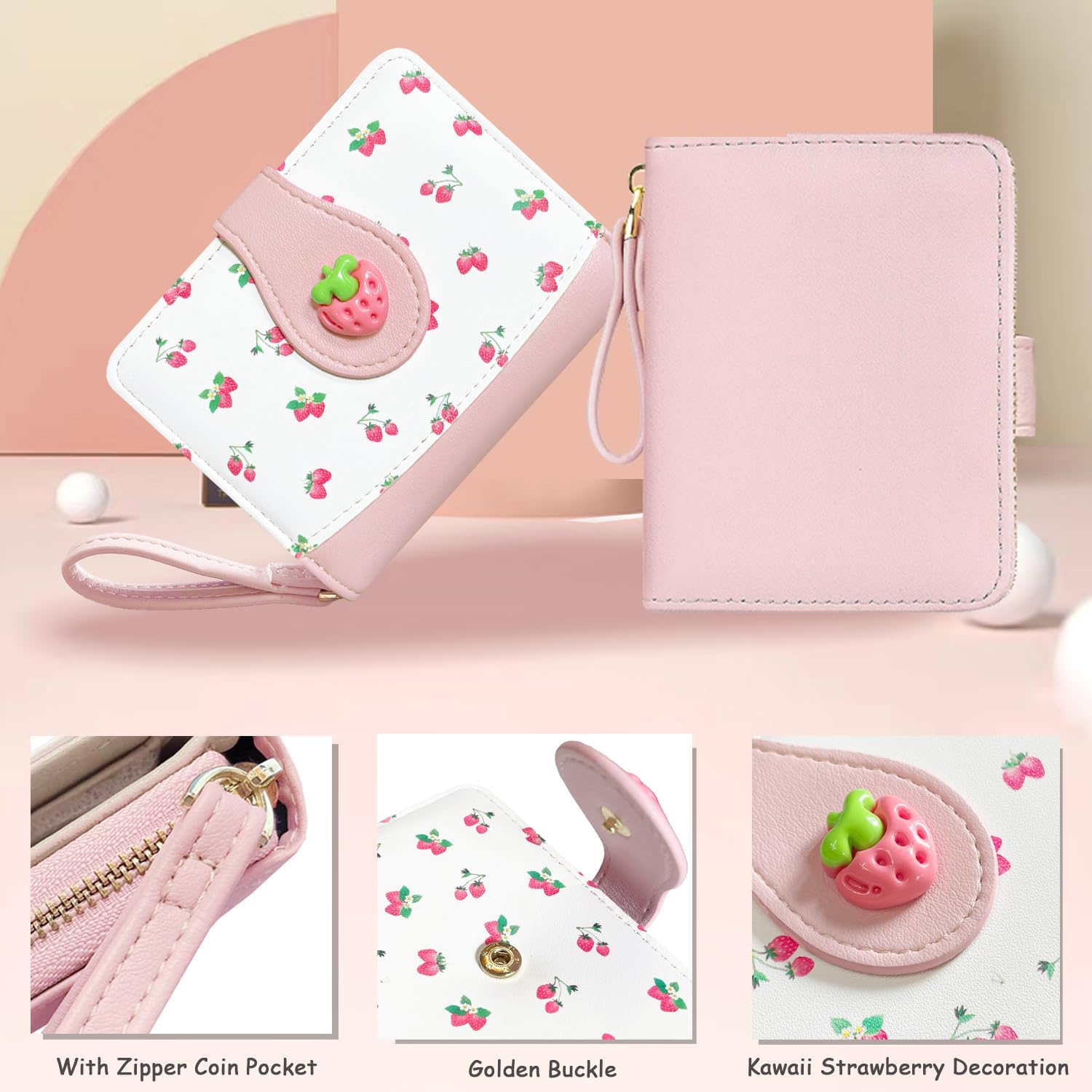 Sunwel Fashion Cutest Fruit Prints Wallet Card Slots Small Wallet with Zipper Coin Pouch Wallet for Women Girls (PINK STRAWBERRY) - Image 5