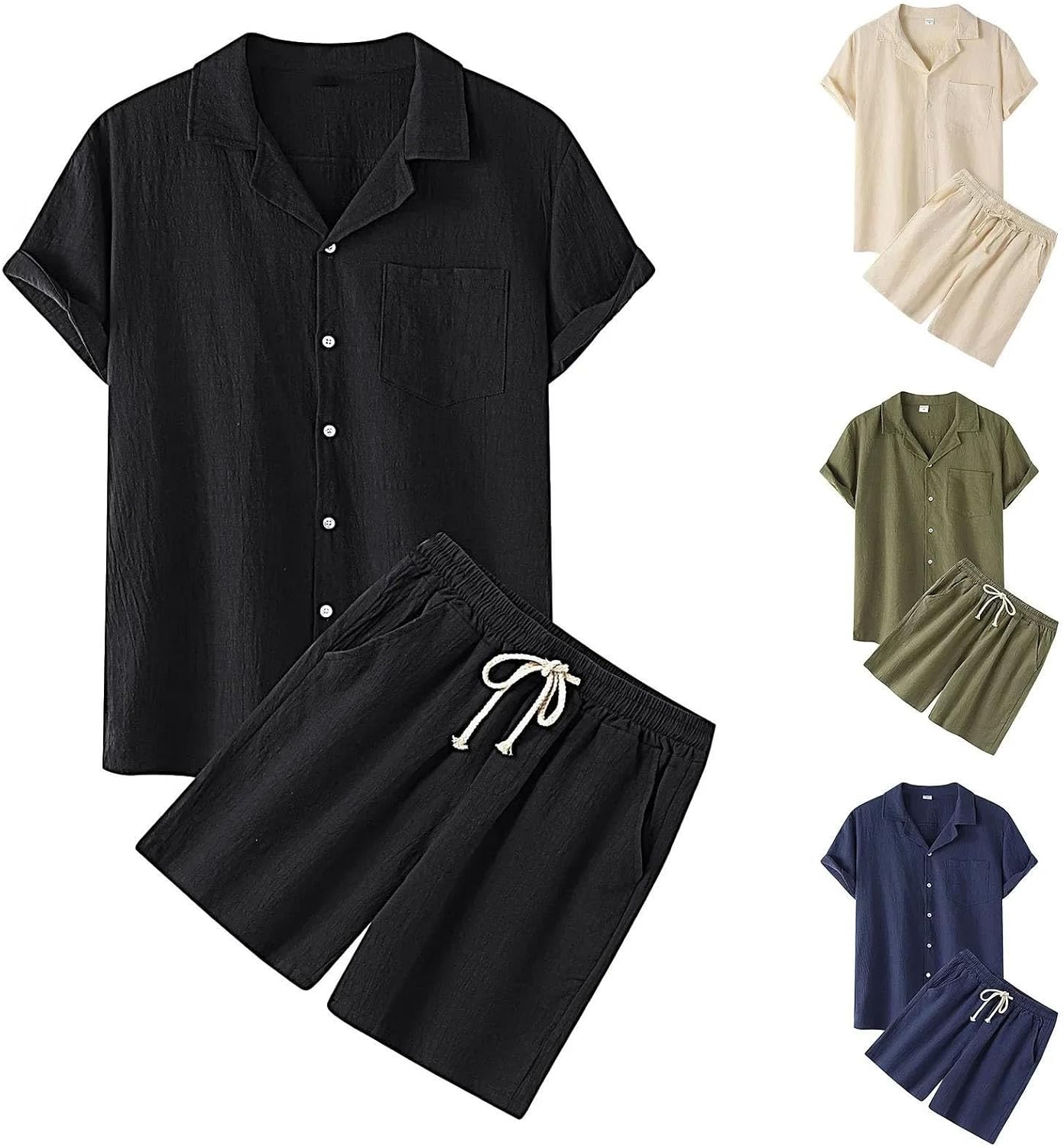 Men's Cotton Linen Summer Solid Color Shirt And Shorts Set Casual Loose Fit Lightweight Outfit For Beach