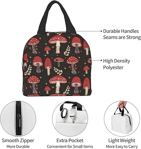 Miniatura 7 de Lonchera negra con estampado de hongos kawaii, pequeña bolsa de almuerzo con aislamiento Kawaii, bolsa de comida reutilizable, bolsas de almuerzo
