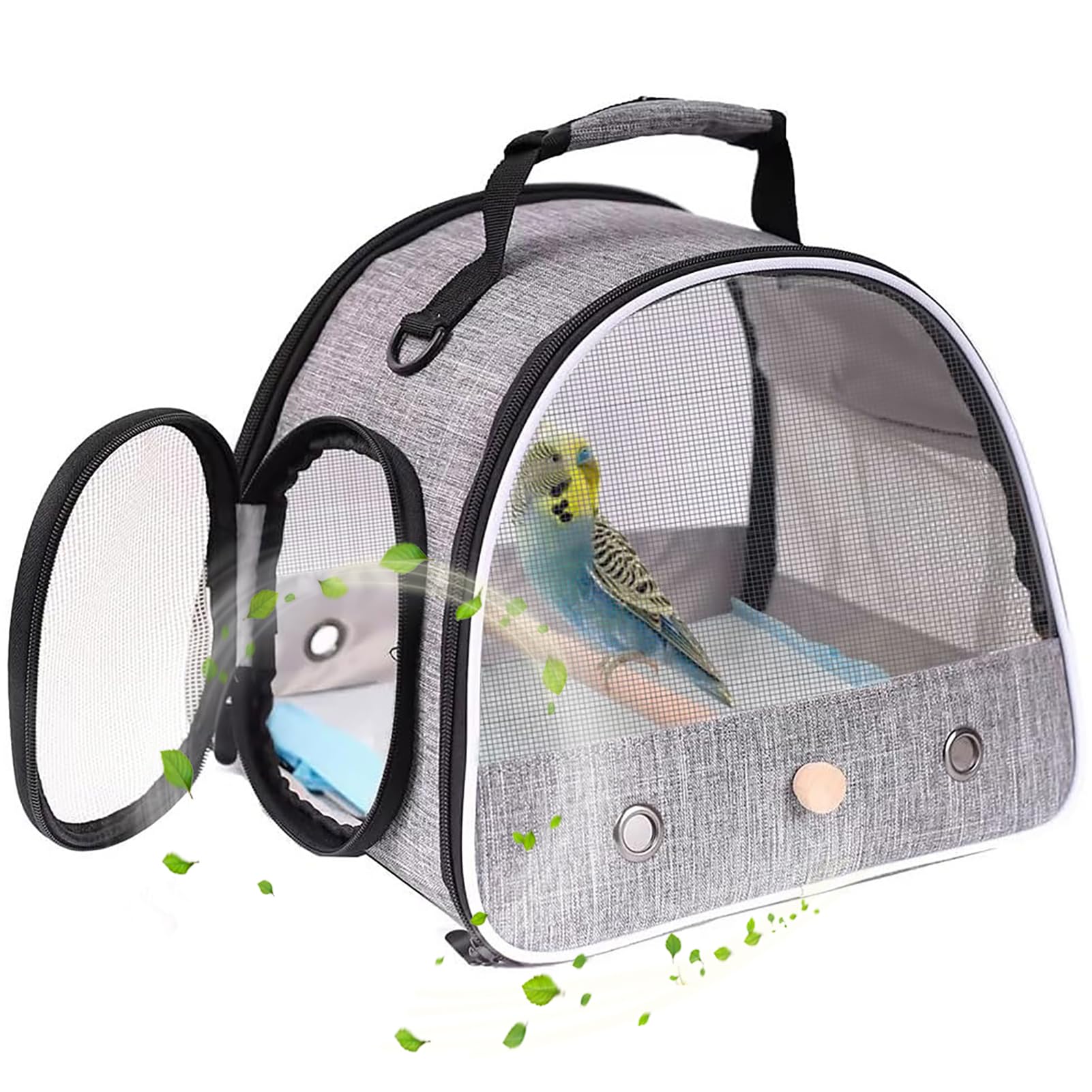 Small Bird Travel Carrier, Portable Mesh Vented Bird Carrier Cage for Parakeet, Parrot, Cockatiel, Guinea Pig, Bearded Dragon Reptile Carrier for Hiking Vet Visit Bicycle Ride (Grey, Mesh Window)