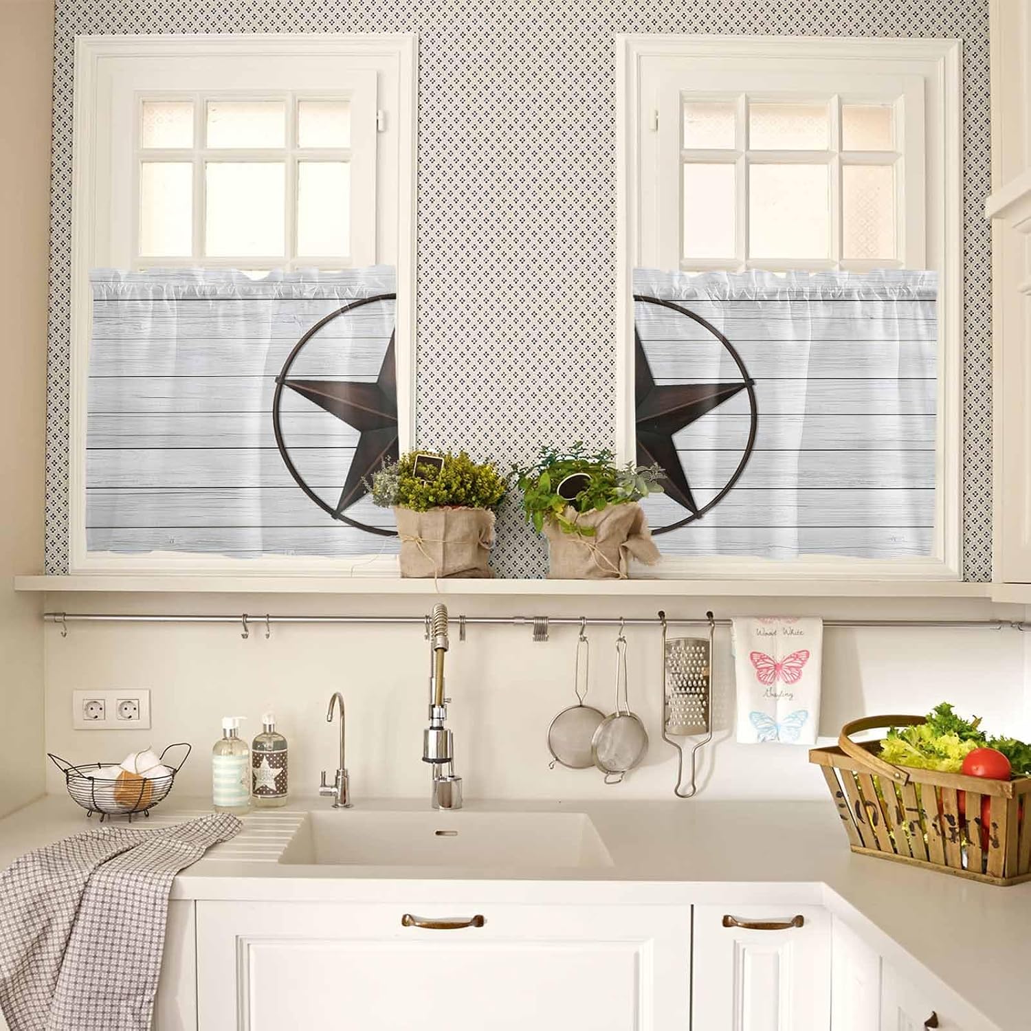 Texas Star Western Kitchen Curtains, Brown Farm Country Gray Wooden Board Light Filtering Window Curtain Panels, 2Pcs Rod Pocket Window Treatments Set for Study Room Bathroom Bedroom 52x54 Inches