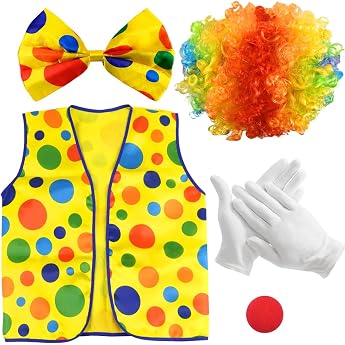 Pack of 5 Clown Costume Circus Clown Costume Clown Curly Wig Rainbow Clown Nose Gloves Colourful Tie Clown Costume Accessories Carnival Cosplay Accessory for Children Women Men