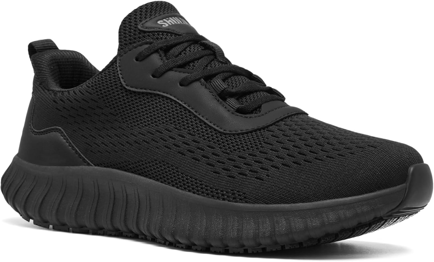 SHULOOK Non Slip Work Shoes for Men Slip Resistant Food Service Kitchen Chef Restaurant Nurse Work Sneakers Lace Up Mesh Comfortable & Casual Walking Shoes Black