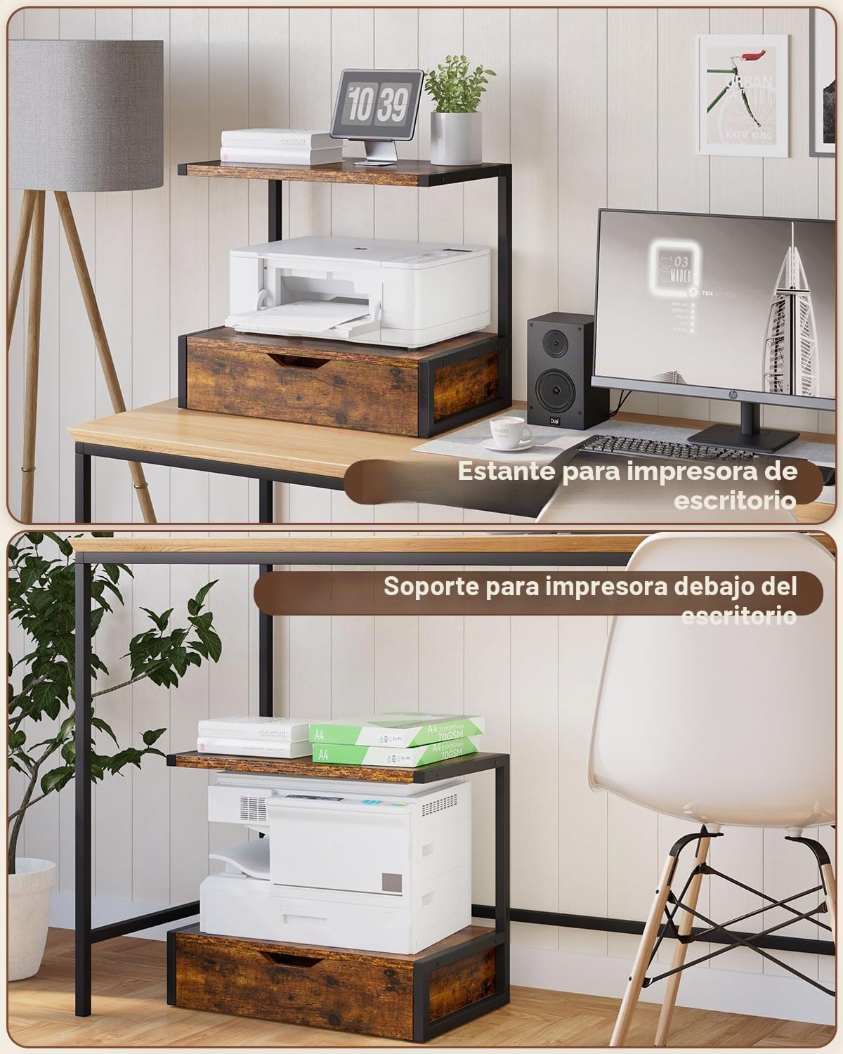 IBUYKE Soporte para impresora de escritorio multifunción, mesa con estante de almacenamiento, organizador para carpetas y libros, compatible con fax y escáner