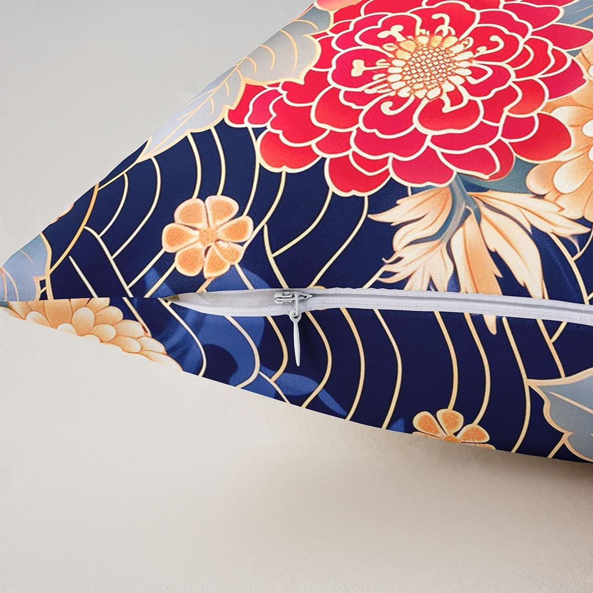 Japanese Style Throw Pillow Covers,Chrysanthemum Pillow Cases,Kids Girls Woman Adutl Abstract Sea Waves Cushion Cover Retro Traditional Art Office Chair Sofa Bed Decor,16" Lx16 W image 4